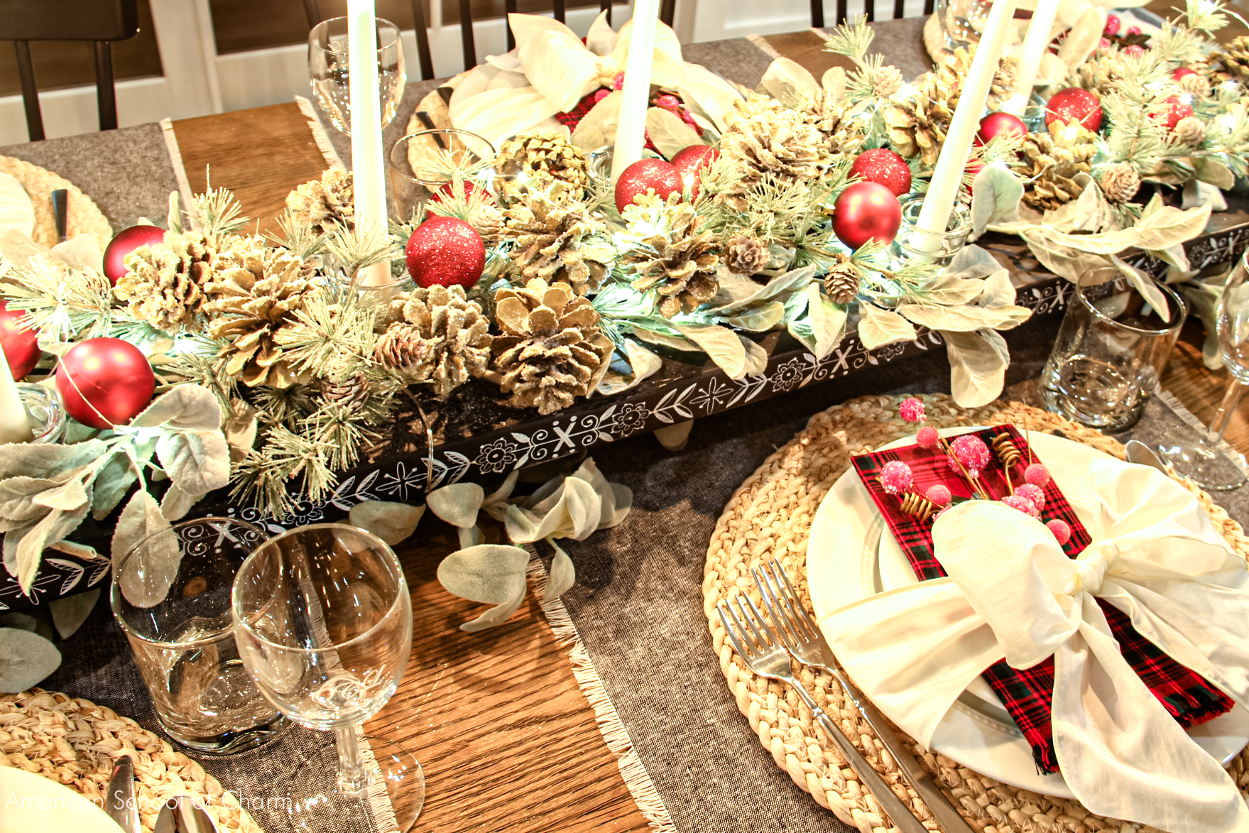 Christmas tablescape with place settings